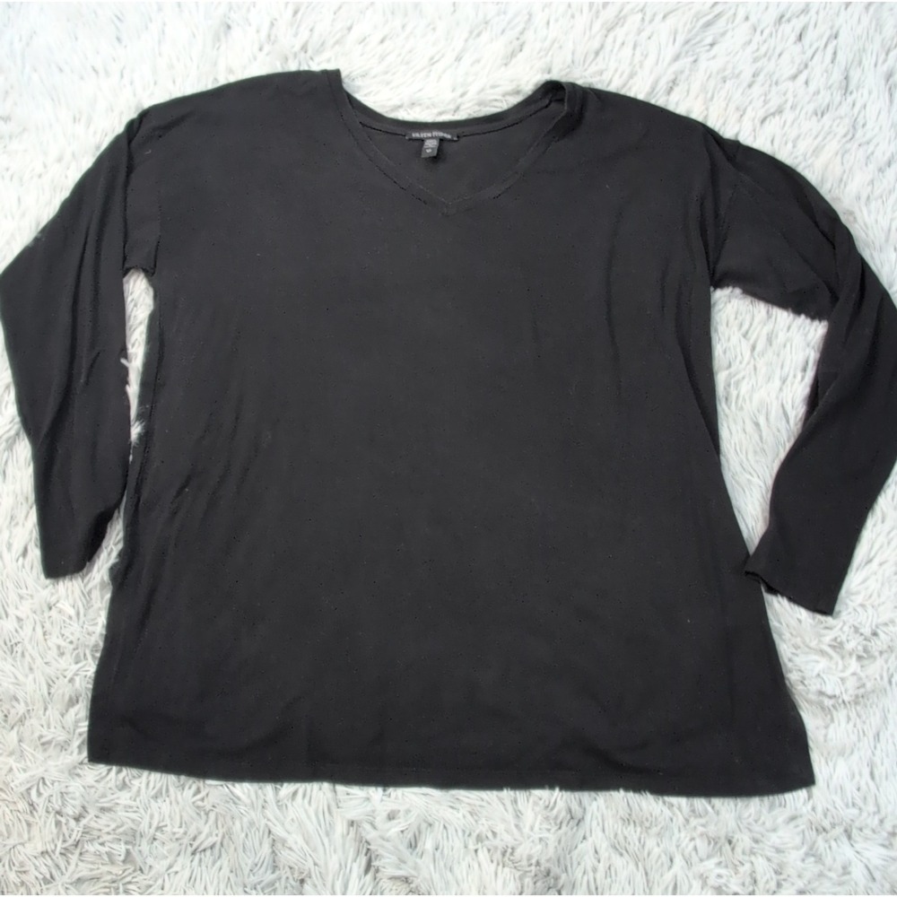 Eileen Fisher Shirt Womens S Black Top Stretch Soft Comfort Split Hem